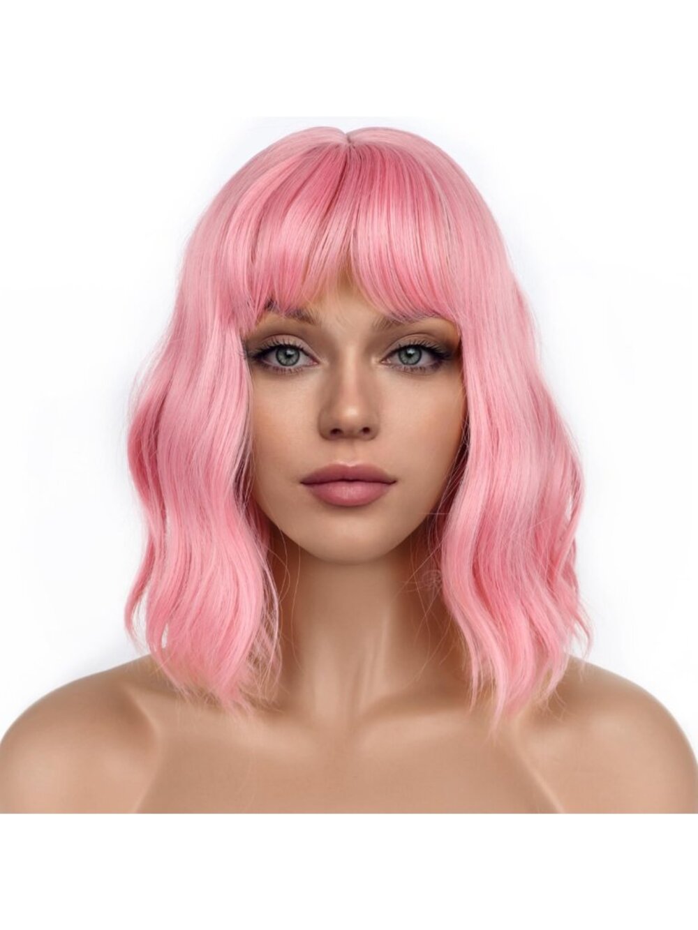 Pastel Wavy Bob Wig with Bangs - Loose Shoulder Length Synthetic Cosplay Hair